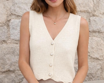 Knitted Button Vest Pattern PDF, V Neck Knit Tank Top