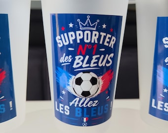 Vaso de fútbol personalizado con nombre, número 1 del aficionado de la selección francesa, temática futbolística.