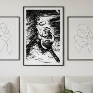 Untamed Queit (Riepu), Black and White Cat, Expressive Nordic Wall Art, Digital Download