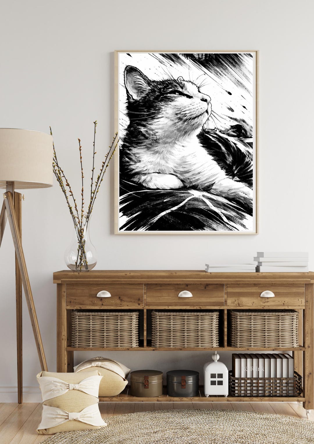 Black and White Cat Art Print, Printable Wall Art, Instant Download - Etsy