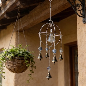 Witch Bells for Door Knob, Protection Bell Charm with Crystal Sun Catcher, Wiccan Witchcraft Home Blessing, Pagan Gift for Front Door