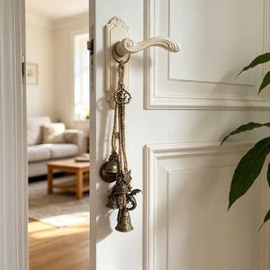 May include: A decorative hanging ornament suspended from a white door handle, featuring a long antique brass-coloured skeleton key, several small metal bells, and a dragon-shaped charm, all tied together with natural tan jute twine rope.