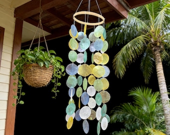 Handmade Boho Capiz Shell Wind Chime, Housewarming Gift for Beach Lover, Coastal Patio Decor, Soothing Ocean Sounds, Nautical Wedding Gift