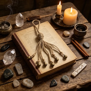 May include: An open antique book with a rope and bell bookmark, surrounded by crystals, candles, and rune stones. The scene is set on a rustic wooden surface, evoking a mystical or spiritual theme.