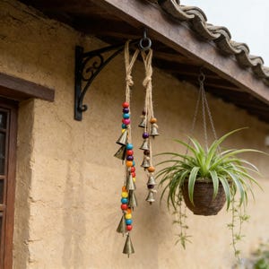Puede incluir: Decoración exterior con campanillas de viento colgantes y una planta en maceta. Las campanillas tienen campanas de latón y cuentas de colores. La planta está en una cesta tejida. La escena se desarrolla contra una pared texturizada y un tejado de tejas.