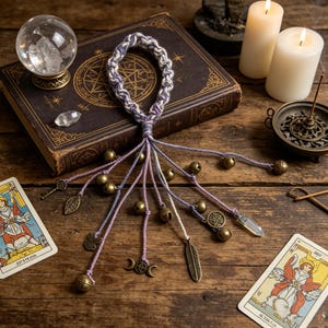 May include: A handcrafted, braided charm with dangling strands of purple and blue threads, adorned with brass bells and charms. The charms include a key, leaf, butterfly, crescent moons, a pentagram, a feather, and a crystal. The charm is displayed on a wooden surface.