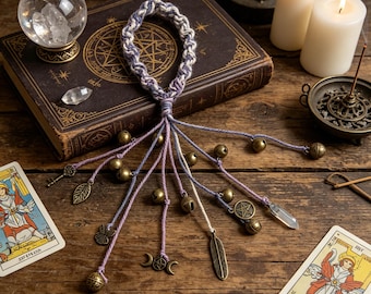 Fioletowe dzwonki czarownic z gradientem, dzwonki w stylu Wicca na klamkę, amulet ochronny do domu, dekoracja w formie wianka, prezenty na parapetówkę