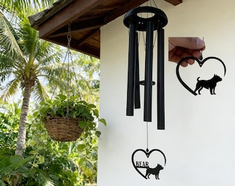 Personlig vindklocka för fransk bulldogghund, svart vindklocka med 5 rör, kondoleansgåva för förlusten av fransk bulldogg, dekoration för sorg av husdjur