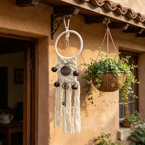 May include: Cream-colored macrame wall hanging with a circular top and dangling tassels. It features bronze-colored charms, including bells, a key, and a circular emblem. The hanging is suspended from a black metal bracket, with a hanging basket of greenery nearby.