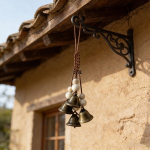 Könnte beinhalten: Ein dekorativer Windspiel mit vier bronzefarbenen Glocken und weißen Holzperlen. Die Glocken hängen an einer braunen Lederschnur, die an einer schwarzen Schmiedeeisenhalterung befestigt ist. Die Halterung ist an einer strukturierten, beigefarbenen Wand angebracht.
