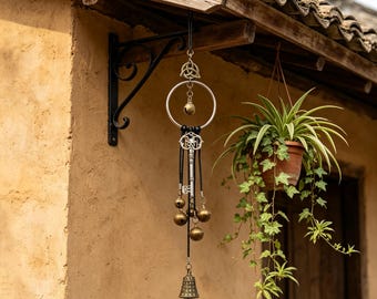 Witch Bells for Door Hanger, Celtic Knot Protection Charm, Vintage Bronze Bells, Wiccan Pagan Home Decor, Witchcraft Altar Hanging Ornament
