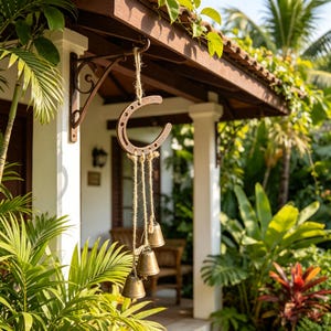 May include: A rustic horseshoe wind chime with small brass bells hanging from jute twine. The horseshoe is suspended from a decorative metal bracket on a porch, surrounded by lush green tropical plants. A charming outdoor decor item.