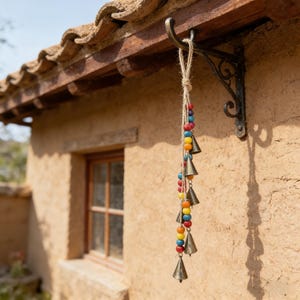 Può includere: Una campana a vento decorativa con campane in ottone e perline di legno colorate è appesa a una staffa in ferro battuto. La campana è sospesa da un cordoncino di spago naturale, aggiungendo un tocco rustico.