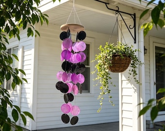 Gothic Black & Purple Capiz Shell Wind Chime, Dark Boho Hanging Ornament, Patio Garden Outdoor Decor, Housewarming Birthday Gift