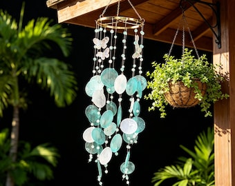 Turquoise White Capiz Shell Wind Chime with Butterfly & Green‑White Beads, Outdoor Hanging Wind Chime, Porch Patio Garden Decor