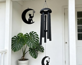 Personalized Cat Memorial Wind Chime, Custom Name Moon Cat 5-Tube Black Wind Chime, Loss of Cat Sympathy Gift, Remembrance Keepsake for Pet
