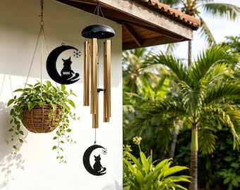 Custom Cat Memorial Wind Chime, Gold 5-Tube Pet Loss Gift, Personalized Cat Remembrance Wind Chime, Loss of Cat Wind Chime