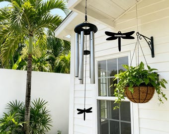 Custom Name Dragonfly Memorial Silver Wind Chime, 5-Tube Silver Outdoor Wind Chime, Sympathy Gift for Loss, Garden & Patio Hanging Decor