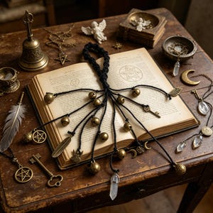 Op de afbeelding: Een verzameling mystieke items op een houten tafel. Een zwart koord met messing bellen en bedels ligt open op een oud boek. Andere items zijn een bel, veer, sleutels, hangers en een klein engelenbeeldje.