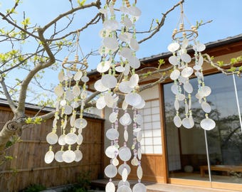 Capiz Shell Ocean Breeze Chime, White Glass & Seashell Mobile, White Nautical Wind Chime, Coastal Home Wall Hanging