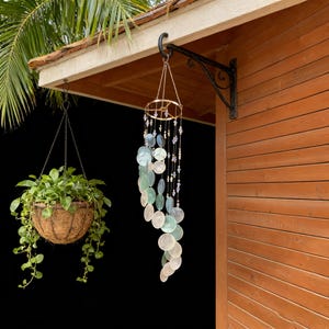 Blue Green Shell Wind Chime, Coastal Nautical Decor, Ocean Beach Hanging Mobile, Seaside Summer Gift