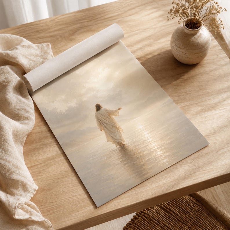 Jesus Walking on Water Wall Art, Neutral Christian Printable, Beige Jesus Christ Print, Faith Home Decor, Prayer Room Digital Download image 11