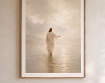 Jesus Walking on Water Wall Art, Neutral Christian Printable, Beige Jesus Christ Print, Faith Home Decor, Prayer Room Digital Download