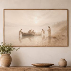 Jesus Wall Art Printable, Miraculous Catch of Fish,Luke 5 Christian Print,Neutral Bible Decor, Frame TV Art, Instant Download