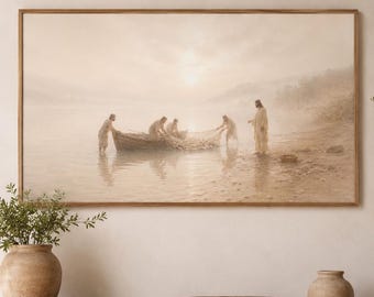 Jesus Wall Art Printable, Miraculous Catch of Fish,Luke 5 Christian Print,Neutral Bible Decor, Frame TV Art, Instant Download