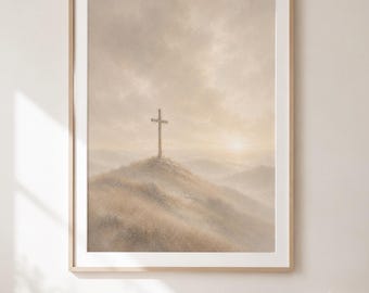 Christian Cross Wall Art Printable, Neutral Beige Calvary Landscape, Minimalist Religious Decor, Easter Faith Digital Download