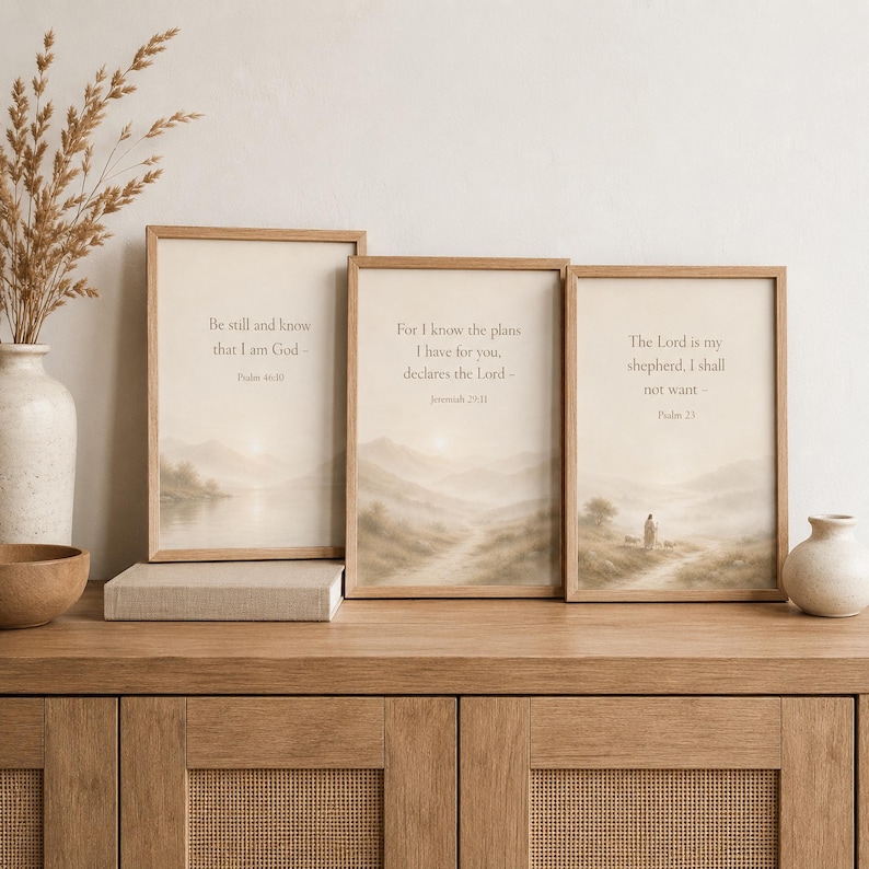 May include: Three rectangular framed wall art prints featuring beige landscape illustrations and religious text. The prints display the verses Be still and know that I am God, For I know the plans I have for you, and The Lord is my shepherd.
