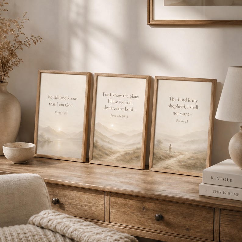 Christian Wall Art Set of 3, Neutral Bible Verse Prints, Psalm 23, Jeremiah 29 11, Psalm 46 10, Minimalist Beige Scripture Digital Download image 12
