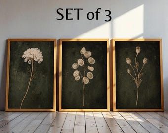 Moody Botanical Wall Art Set of 3, Dark Vintage Floral Prints, Printable Gallery Wall Decor, Digital Download