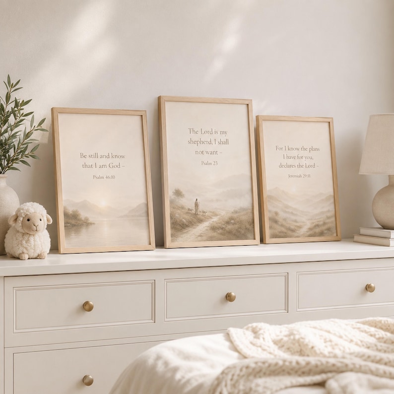 May include: Three framed wall art prints with light wood frames, each featuring a beige landscape illustration and religious text. The left print reads Be still and know that I am God, the center reads The Lord is my shepherd, and the right reads For I know the plans I have for you.