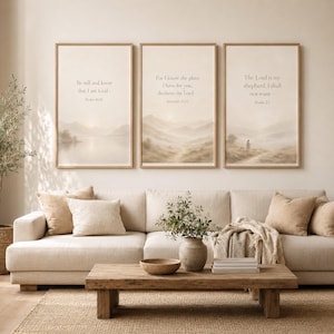 Christian Wall Art Set of 3, Neutral Bible Verse Prints, Psalm 23, Jeremiah 29 11, Psalm 46 10, Minimalist Beige Scripture Digital Download image 2