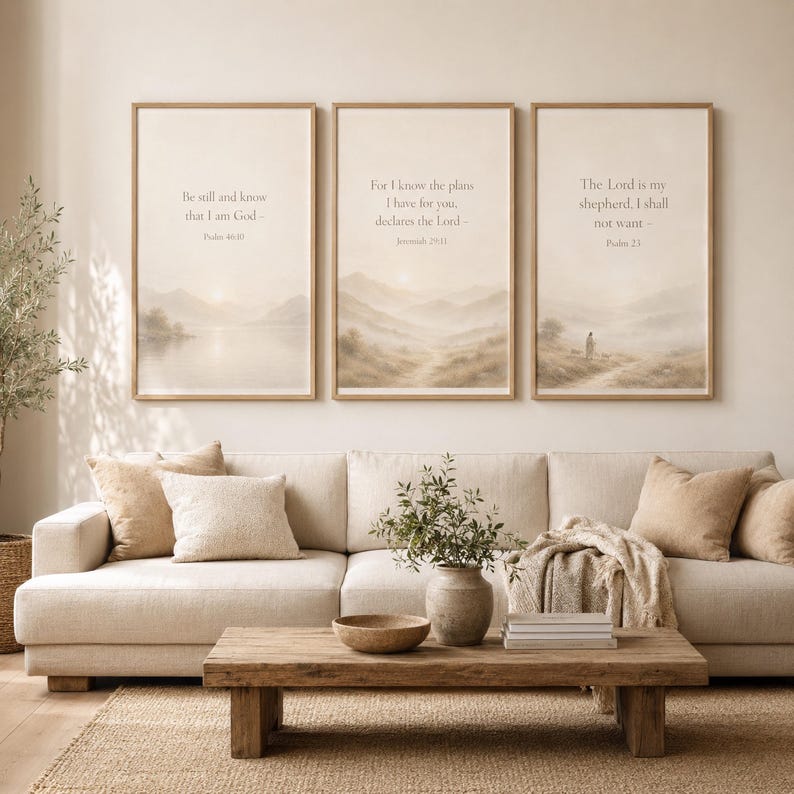 Christian Wall Art Set of 3, Neutral Bible Verse Prints, Psalm 23, Jeremiah 29 11, Psalm 46 10, Minimalist Beige Scripture Digital Download image 2