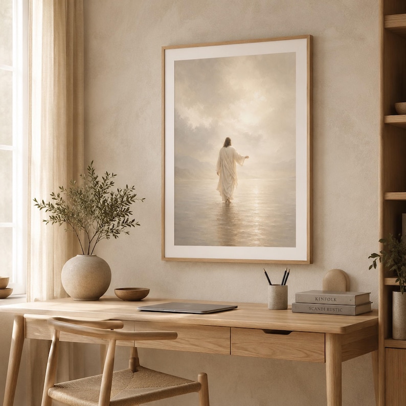 Jesus Walking on Water Wall Art, Neutral Christian Printable, Beige Jesus Christ Print, Faith Home Decor, Prayer Room Digital Download image 6