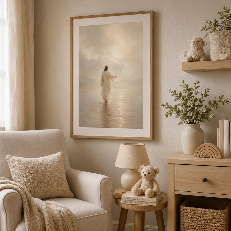Jesus Walking on Water Wall Art, Neutral Christian Printable, Beige Jesus Christ Print, Faith Home Decor, Prayer Room Digital Download image 12