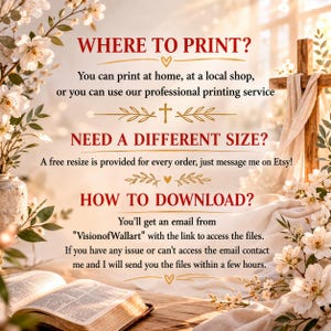May include: An informational graphic with red and gold text on a light background. It reads: WHERE TO PRINT? You can print at home, at a local shop, or you can use our professional printing service. NEED A DIFFERENT SIZE? A free resize is provided for every order, just message me on Etsy! HOW TO DOWNLOAD? You'll get an email from "VisionofWallart" with the link to access the files. If you have any issue or can't access the email contact me and I will send you the files within a few hours.