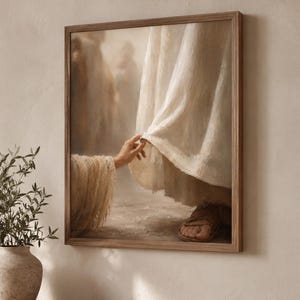 Woman Touching Jesus' Garment Christian Wall Art – Neutral Biblical Healing Print, Digital Download