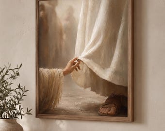 Woman Touching Jesus' Garment Christian Wall Art – Neutral Biblical Healing Print, Digital Download