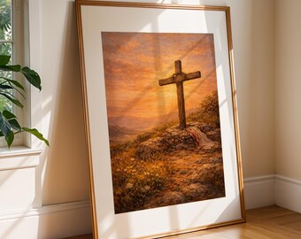 Christian Cross Wall Art Print, Bible Faith Decor, Spiritual Landscape Download