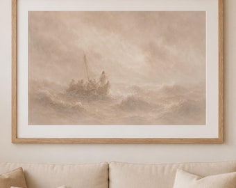 Jesus Calming the Storm Wall Art, Christian Sea of Galilee Print, Neutral Beige Faith Decor, Frame TV Art Download