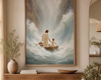 Jesus Calms the Storm Wall Art Print, Christian Boat Ocean Printable, Faith Over Fear Poster, Biblical Sea Painting Digital Download Decor