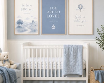 Christian Baby Boy Nursery Wall Art Set of 3, Blue Bible Verse Prints, Scripture Wall Art, Boys Room Decor, Printable Digital Download