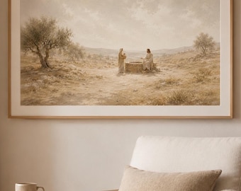 Jesus and Samaritan Woman Print, Woman at the Well Wall Art, Neutral Christian Home Decor, John 4 Digital Download, Samsung Frame TV Artwork