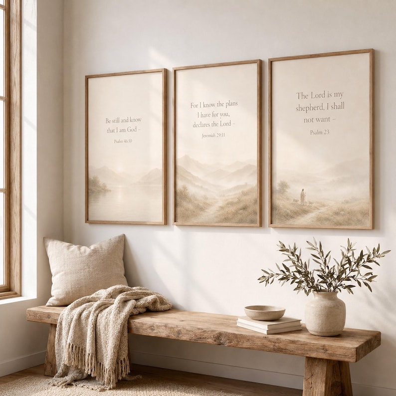 May include: Three vertical framed wall art prints featuring beige landscape illustrations with religious text. The left print reads Psalm 46:10, the center Jeremiah 29:11, and the right Psalm 23. Each print is encased in a light wood frame.