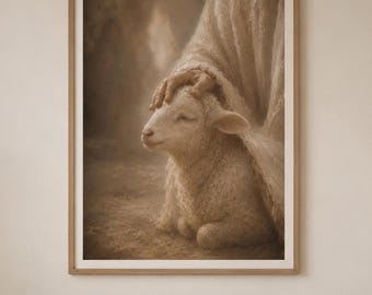 Good Shepherd Wall Art, Jesus Blessing Lamb Print, Neutral Beige Christian Nursery Decor, Religious Painting, Faith Home Digital Download