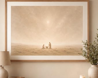 Nativity Wall Art Print, Christian Christmas Decor, Holy Family Manger Scene, Beige Biblical Desert Art, Samsung Frame TV, Digital Download