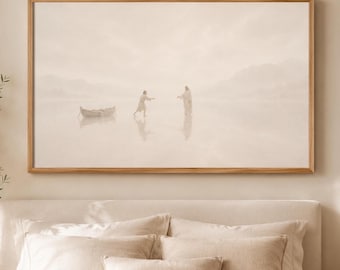 Jesus Walks on Water Printable,Jesus and Peter Bible Print,Matthew 14 Christian Wall Art,Neutral Faith Decor, Samsung Frame TV Art